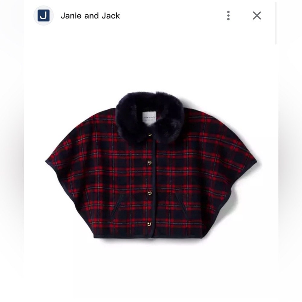 ☀️Janie and Jack girls Red and Black Plaid Cape with Faux Fur Collar
